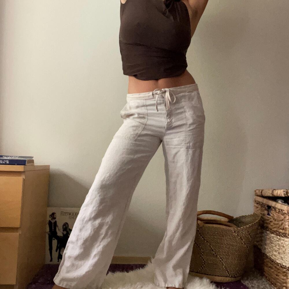 Y2K 2000s Vintage DKNY linen ecru low rise trousers beach minimalist earthy girl